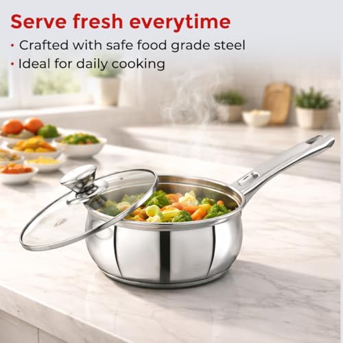 Image of Avias INOX IB Stainless Steel Saucepan with Glass Lid, Triply Induction Bottom, Induction & Gas Stove Compatible, Tea Pan, Milk Pan, Rust Proof Sauce Pan 14cm