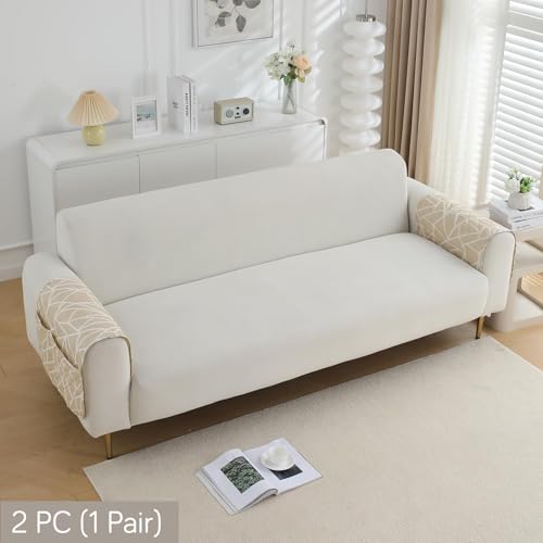 Image of HOKIPO 'Elira Series' Digitally Printed Water Repellent + Waterproof Armrest Cover for Sofa with Pockets (2Pcs) - Beige Abstract Geometry (NEW2-AR-5251-S-C3*2)