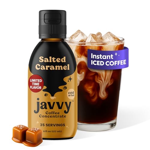 Image of Javvy Cold Brew Coffee Concentrate Instant Coffee, Salted Caramel | 100% Real Coffee, 0g Sugar, No Artificial Flavors, 60-80mg Caffeine per Serving, Gluten Free, Makes Hot or Iced Coffee