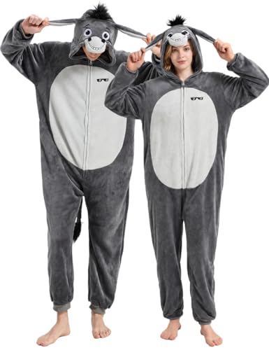YuDanae Unisex Adult Donkey Costume Onesie Pajamas Animal Cosplay Costume Halloween Onesie Suit for Women and Men Homewear Grey