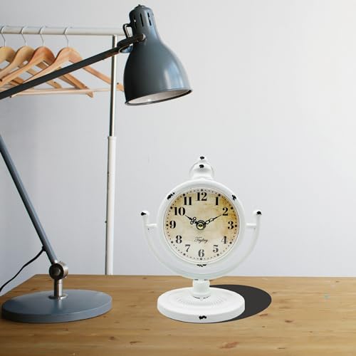 TRYLTRY Relógio de mesa vintage de metal branco, operado por bateria, silencioso, sem tique-taque, r
