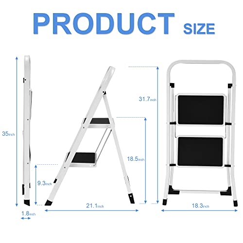 2 Step Ladder, Lightweight Folding Step Stools for Adults with Anti-Slip Pedal, Portable Sturdy Steel Ladder with Handrails, Perfect for Kitchen & Household, 330 lbs Capacity, White - Thumbnail 5