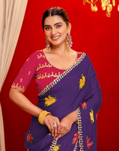Image of SIRIL Women's Embroidery, Mirror Work, Scalloped Border Shimmer Georgette Saree With Unstitched Blouse Piece