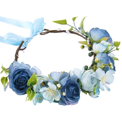 KorViSHOW Blue Flower Crown Headband Handmade Fairy Rose Floral Headpiece Artificial Boho Flower Crown for Women Girls Maternity Renaissance Weeding Festivals Birthday Party Headdress