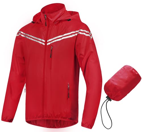 CREATMO US Men's Packable Waterproof Running Rain Coats Reflective Cycling Jacket Windbreaker With Removable Hood