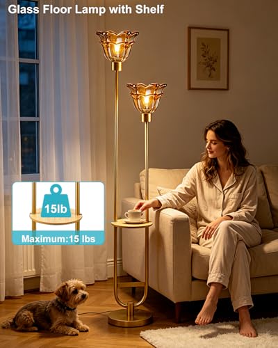 Image of Glass Floor Lamp with Shelf 2-Lights Gold Floor Lamp with Amber Glass Shade, Mid Century Modern Standing Tall Lamps with Foot Switch for Living Room Bedroom Home Office Decor (Bulbs Included)