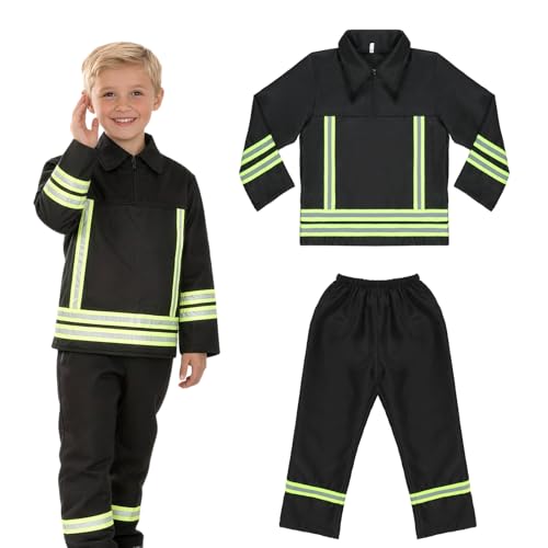 AYBUY Feuerwehr Kostüm Kinder 2-teiliges Feuerwehrmann Kostüm für Kinder Feuerwehr Rollenspiel Set Waschbares Kostüm Feuerwehrmann Set für Karneval Fasching Mottoparty Halloween (Schwarz 120)