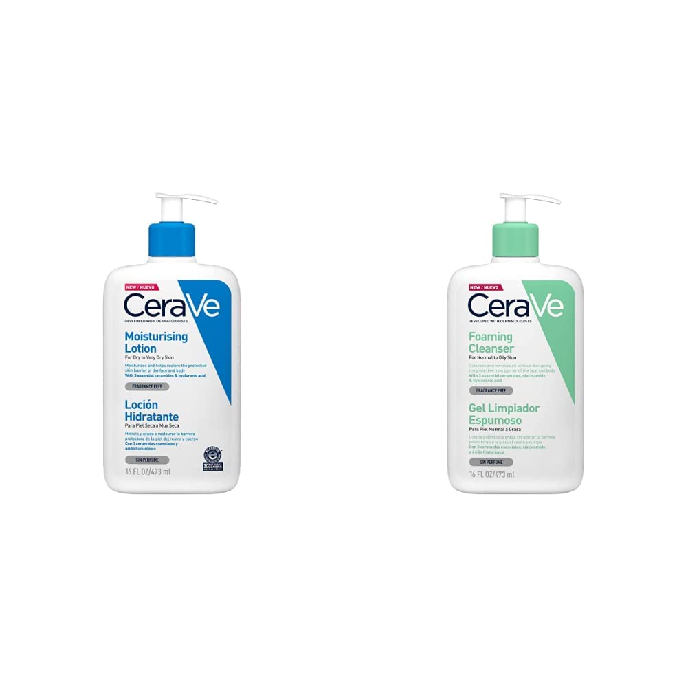 CeraVe Loción Hidratante de Rostro y Cuerpo para Piel Seca con Ácido Hialurónico 473ml + Gel Limpiador Espumoso |473ml| Limpiador diario para piel mixta, grasa o con acné | Libre de fragancia
