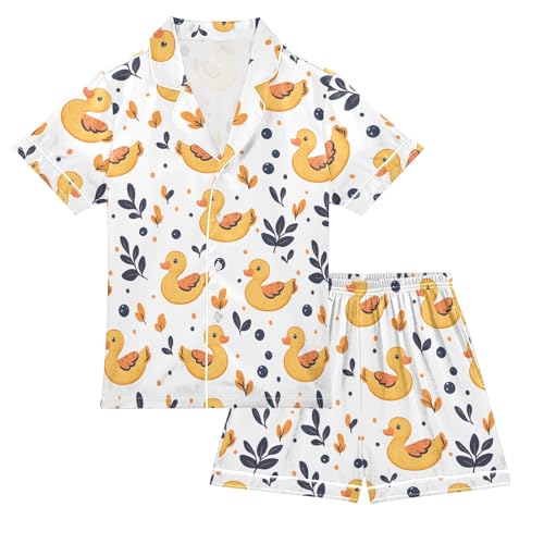 Cute Simple Swimming Ducks Summer Satin Pajama Set, Cute Button-Down Sleepwear Pj Set for Sleep Wears