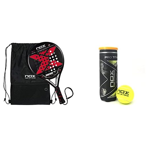 NOX Pala de Padel Set - Exclusive Series, Negro - Rojo, Estándar (Pala Set 22 Exclusiva Amazon) & Bote de 3 Pelotas de pádel Pro Titanium, Deportes al Aire Libre, Amarillo, 6x6x19cm
