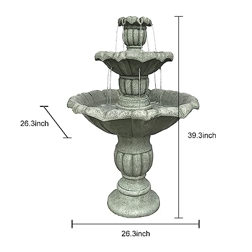 Image of SunJet 39.3 inch High Modern Concrete Outdoor Water Fountain - 3 Tiered Large Floor Water Fountain and Waterfalls with Electric Pump for Garden, Patio, Yard, and Deck Decor, Featuring Natural Stone Look
