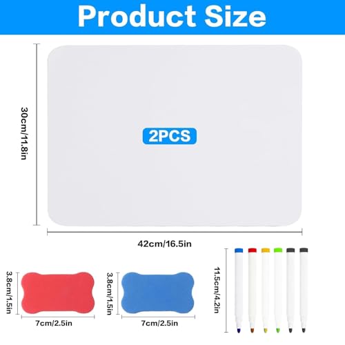 2 STK Whiteboard Klein Whiteboard A3, Kleines Dry Erase White Board, 42x30 cm Tragbares Doppelseitiges Mini Whiteboards mit 6 Stifte & 2 Radiergummis, für Klassenzimmer, Zuhause, Büro