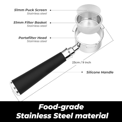 Image of 51mm Bottomless Portafilter 3 Ears Fits for Delonghi Dedica EC685, EC785, EC885, EC820, EC850, EC860, EC890, EC680, Includes Puck Screen, Double Shot Filter Basket