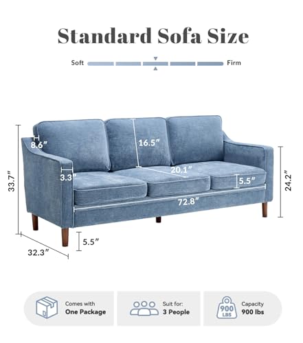 Kingfun 80" Chenille Sofa, 3 Seater Couch, Mid Century Modern Couches with Solid Wood Legs for Living Room & Bedroom, Light Blue - Image 3