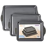 Non-Stick Baking Sheet Set 3 Pcs for Cookies & More, Heavy-Duty Aluminum Baking Sheets with Gray Silicone Handles