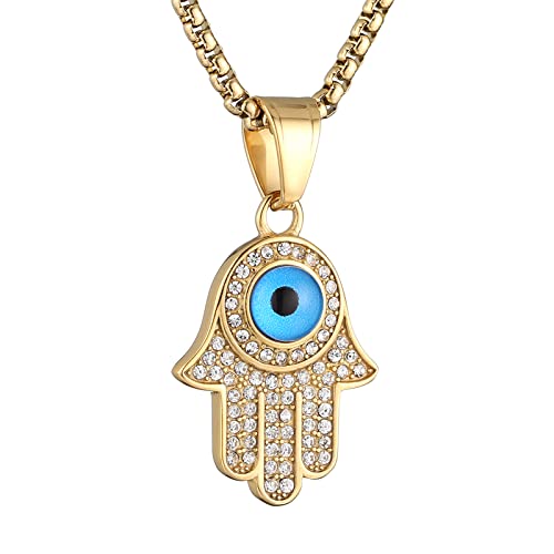AsAlways 18K Gold Plated Hand of Fatima Pendant Inlay CZ Vintage Hip Hop Rock Punk Totem Amulet Charm Evil Eye Fatima Hamsa Hand Necklace