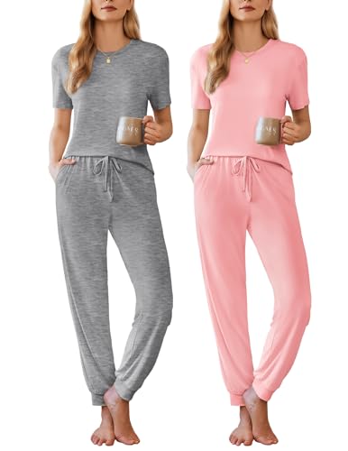 Image of Ekouaer Pajamas for Women Set 2 Pack Lounge Set Short Sleeve Pjs Joggers Long Pants Loungepwear with Pockets