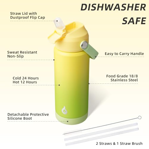 Image of BJPKPK Insulated Water Bottle with Straw Lid, 18oz Thermo Water Bottles, Flex Handle & Non-slip Boot, BPA Free Leak Proof Stainless Steel Metal Thermo, Tumblers, Cups,Fresh Green