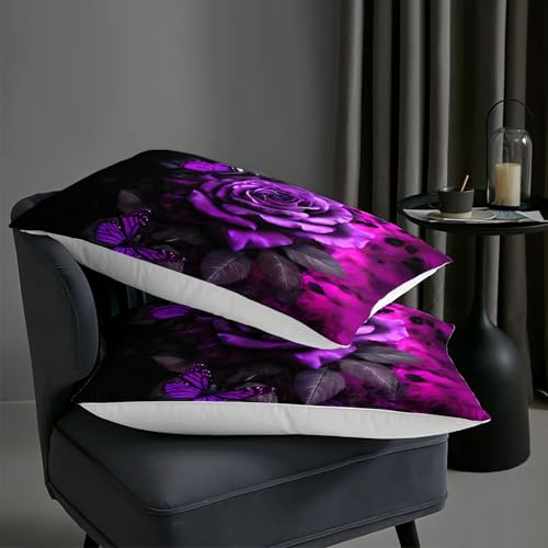 Image of AILONEN Gothic Purple Rose Comforter Queen Size with 2 Pillowcases,Butterfly Floral Bedding Set 3Pcs for Teens Girls Women,Dark Aesthetic Quilt Set for Home Decor