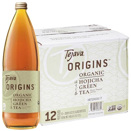 Tejava Origins Hojicha Green Iced Tea, 12 Pack, 1 Liter Glass Bottles, Unsweetened, USDA Organic, Non-GMO, Kosher, No Sugar or Sweeteners, Brewed in Small Batches