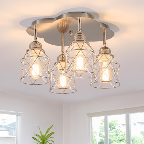 4-Lights Kitchen Light Fixtures Ceiling Mount, Adjustable Multi-Directional Brushed Nickel Flush Mount Ceiling Light, Vintage Metal Cage Farmhouse Lamp for Hallway, Dining Room, Foyer, Entryway