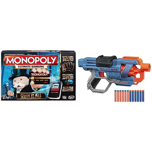 Image of Monopoly Ultimate Banking Edition Board Game, Multi Color Game & NERF Elite 2.0 Commander Rd-6 Blaster, 12 Darts, 6-Dart Rotating Drum, Tactical Rails, Multicolor