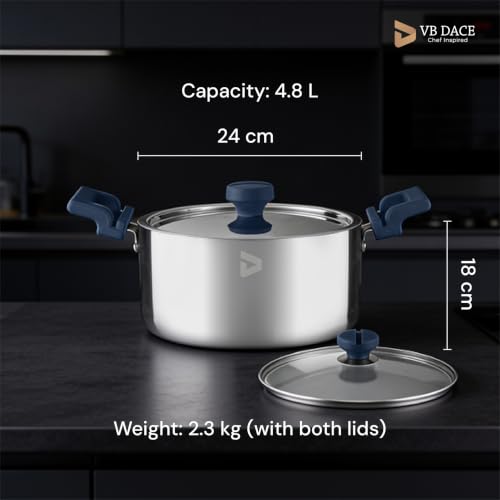 Image of VB DACE Triply Stainless Steel Biryani Pot 24 cm (4.8 L) | Heavy Gauge Handi with Glass & Steel Dual Lids | Induction & Gas Compatible | Even Heat Distribution | Ideal for Biryani, Rice, Curry & Stew