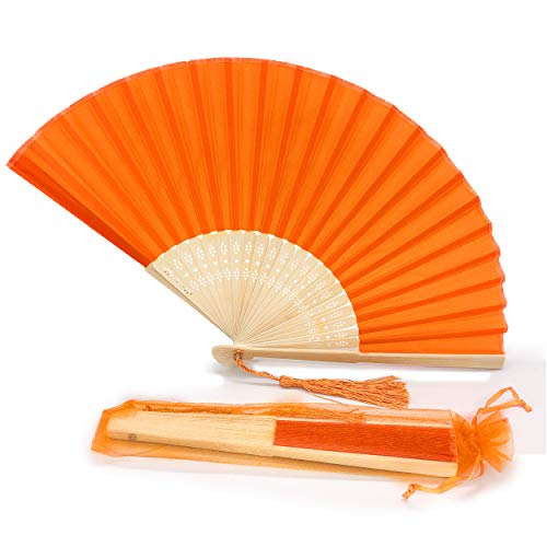 FANSOF.FANS Fabric Handheld Folding Hand Fan With a Tassel Grade A Bamboo Ribs for Women Girls Summer Party Event Favor Birthday Wedding Souvenir Gift (Orange)