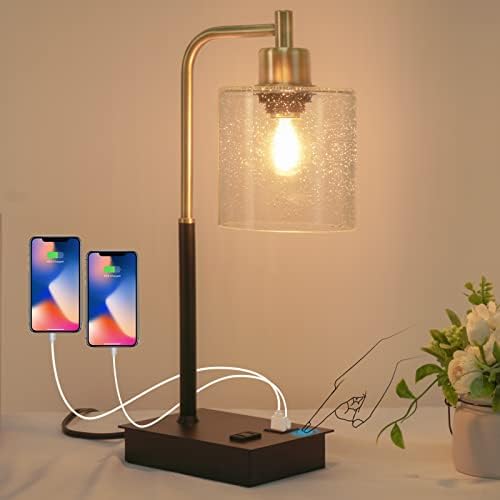 OYedis Touch Control Table Lamp 3-Way Dimmable Modern Bedside Nightstand Lamp with USB Type C Port 1 AC Outlet Small Desk Lamp with Seeded Glass Shade for Children Office Dorm, Bulb Included