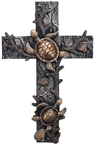 Top Brass Large Sea Turtle Seashell Coral Wall Cross - Nautical Ocean Beach Decor Art Sculpture