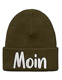 tshirtladen Wintermütze Moin Statement Olive mit Stickerei aus Polyacryl-Strick doppellagig elastisch Unisex Kopfbedeckung für Alltag Freizeit Herbst Winter