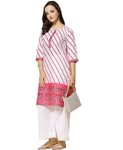 Image of Vinchic Women's Round Neck Cotton A-Line Bandhani Print Yellow Stripes Kurti (BANDHANI-123-P)