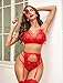 Avidlove Women Lingerie Set Lace Teddy Strap Babydoll Bodysuit with Garter Belts (S, 1 Christmas Red)