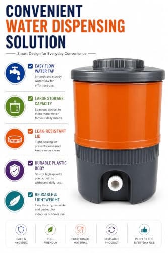 Image of Plastic Water Jug | Food Grade | Insulated Water jug Cool Chilled Water Camper jar (Grey & Orange, 15 litres)