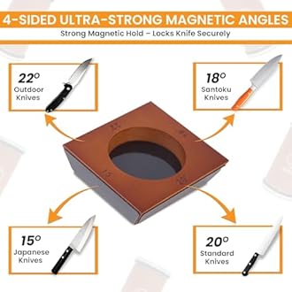 Rolling Knife Sharpener Kit – Magnetic 4-Angle Base, 3.86 Inches Longer Wooden Roller, 4 Grit Discs (1000/400 Diamond & 3000 Maroon / 6000 White Ceramic) and Leather Strop