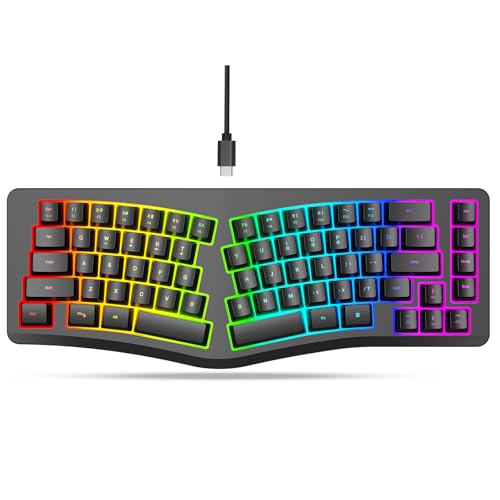 HXMJ - Teclado ergonômico para jogos com fio, sensação mecânica, cabo USB destacável, 69 teclas, retroiluminado RGB - preto