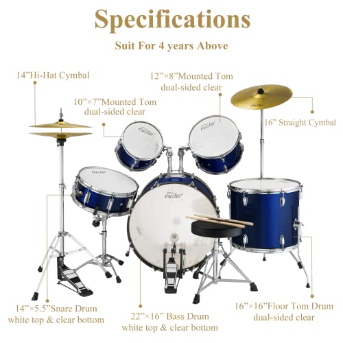 image for Drum Set Eastar 22 inch for Adults, 5 Piece Full Size Drum Kit Junior 