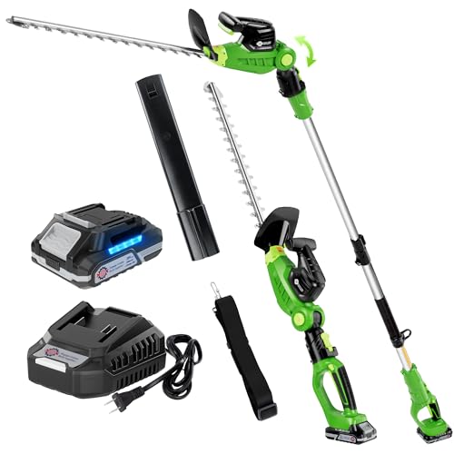 2-in-1 Pole Hedge Trimmer Cordless Electric Hedge Trimmer with Detachable Telescoping Pole 8.5-Feet Reach 20 Dual-Action Laser Blade 11 Rotating Head 20V 2.0Ah Battery & Fast Charger Included