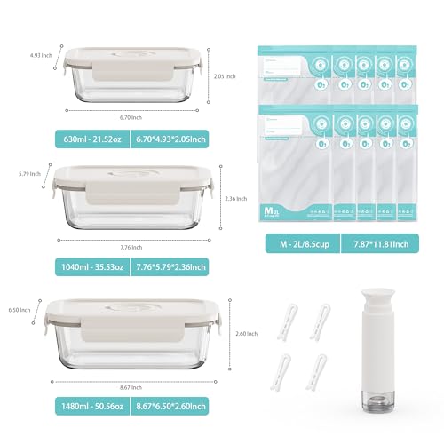 Image of Vacuum Seal Glass Food Storage Containers, 3pcs Containers with 10pcs Sous Vide Bags / 1pc Manual Pump, Meal Prep Container with Airtight Locking Lids for Lunch, Long-Lasting Freshness