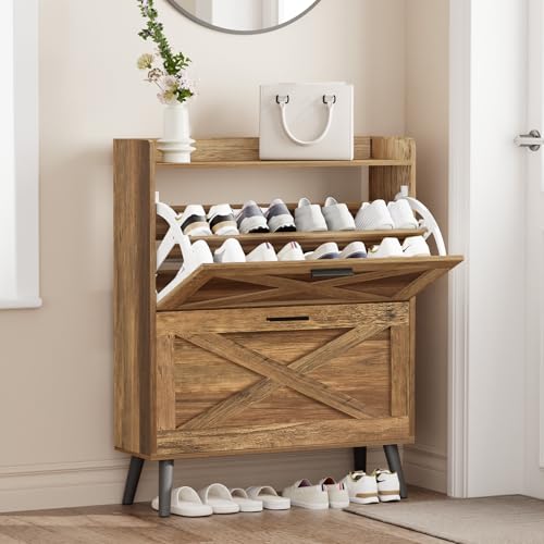 Image of Homleke Farmhouse Shoe Storage Cabinet with Flip Drawers & Barn Door Design | Slim Narrow Shoe Rack Cabinet with Adjustable Shelves & Hidden Storage for Entryway, Hallway, Living Room, Rustic Walnut
