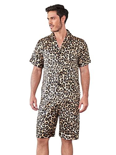 OYOANGLE Men's 2 Piece Leopard Print Stain Short Sleeve Button Front Shirt and Shorts Pajama Set