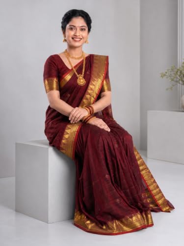 Image of Mom and Me Women Ready to Wear Nauvari Saree, Maharashtrian Peshwai Paithani, 9 Yard Readymade, Acrylic Cotton, Free Size, Traditional Ethnic Saree, with Blouse Piece