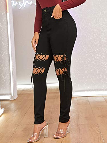 Floerns Women's Ripped Distressed High Waist Skinny Jean Pants Black-2 S #TOP2