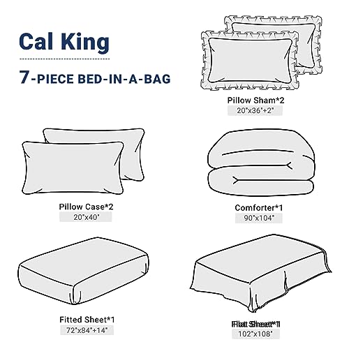 JOLLYVOGUE Navy Blue/Gray Cal King Size Comforter Sets 7 Pieces, Pintuck Bed in a Bag Comforter Set for Bedroom, Bedding Comforter Sets with Comforter, Sheets,Ruffled Shams & Pillowcases