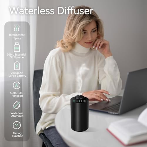 Cordless Battery Operated Essential Oil Diffuser with Timer & 3 Mist Levels for Cars - Black Aluminum Alloy