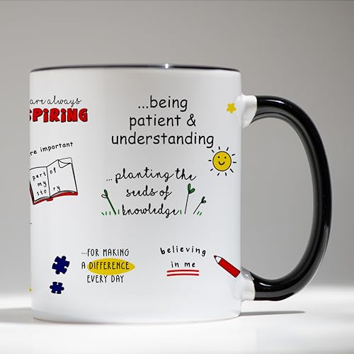 Image of DAYS Thank You Teacher Personalized Mug Custom Teacher's Name Best Teacher Gift, Teacher on Birthday Helping Me to Grow Ceramic Mug 11oz (Black Mug)