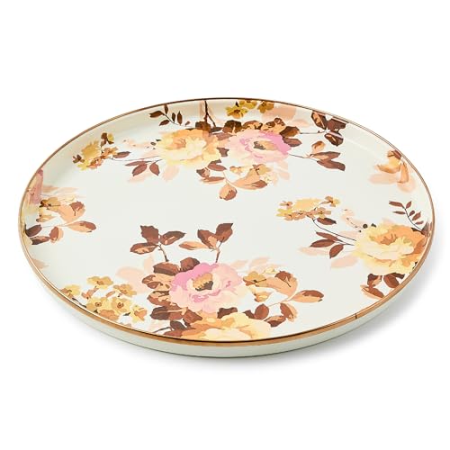 MACKENZIE-CHILDS Enamel Round Tray, Unique Serving Platter for Food and Drinks, Wild Rose White
