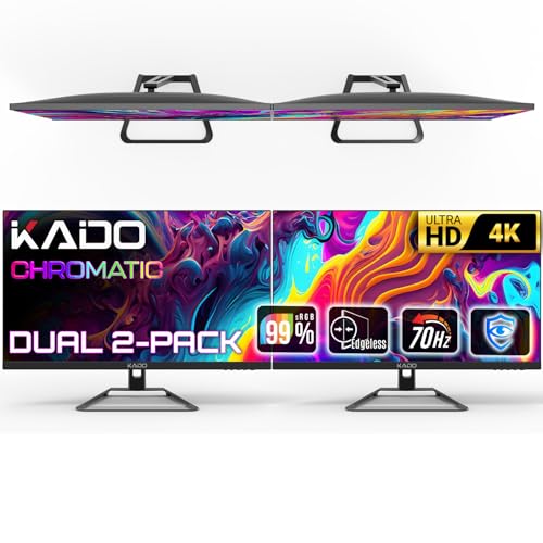 Image of Kado 2-Pack Dual 27 inch 4K 70Hz UHD 3840x2160 Flat Screen Computer Monitor | DisplayPort HDMI Dual Monitor Setup, VESA Mount Office Gaming Hybrid Built-in Speakers, Panoramic Display Multi-tasking