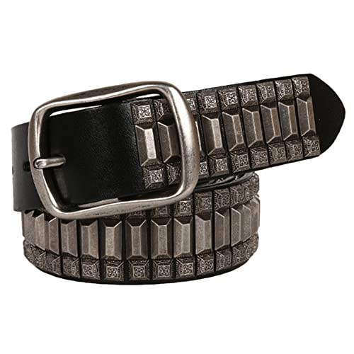 Metal Silver Studded Cowhide Leather Belt,Men Women Gothic Punk Rock Handmade Square Beads Rivet Belts for Jeans Pants(120cm/waist:40
