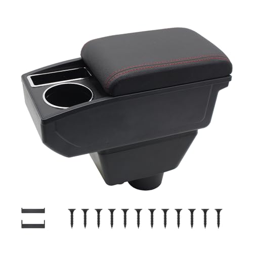 KAERGK Auto Armlehnen für Opel Corsa F 2020-2024 Mittelkonsolen für Kfz Doppelter Stauraum mit Getränkehalter Einfache Montage Bequemes und strapazierfähiges Leder Schwarz (Rote Linie)